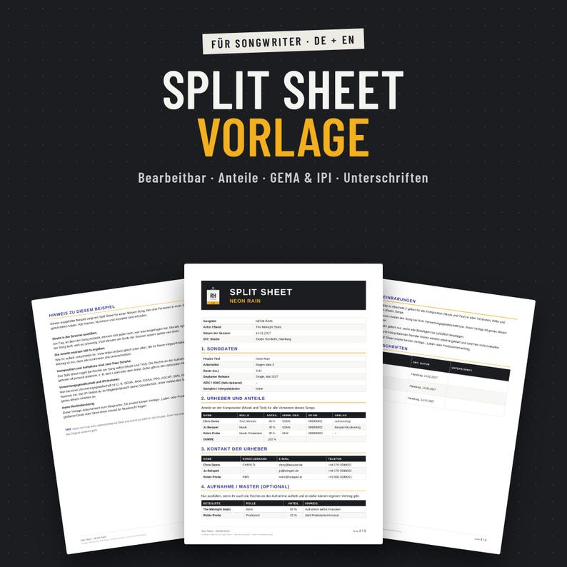Split Sheet Vorlage für Songwriter und Produzenten auf Deutsch und Englisch