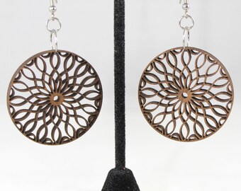 Abstract Circle Curved Lines Dangle Earrings in Dark Walnut - Hypoallergenic