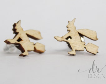 Laser Cut Wood Halloween Witch Earrings - Witch Stud Earrings - Halloween Earrings - Halloween Jewelry - Spooky Jewelry