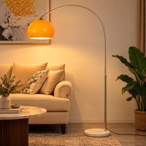 Arc Floor Lamp, Mid Century Modern Adjustable Reading Light, Standing Marble Base Orange White