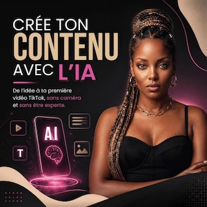 May include: A digital graphic featuring a person with braided hair wearing a black top and gold necklace. Text reads: CRÉE TON CONTENU AVEC L'IA. De l'idée à ta première vidéo TikTok, sans caméra et sans être experte. A smartphone icon displays AI text.