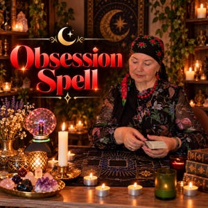 Pode incluir: Uma pessoa vestindo uma blusa com estampa floral e um lenço preto com flores vermelhas, segurando um baralho sobre um tapete de tarot azul escuro. A cena inclui uma bola de plasma, velas acesas, uma bandeja dourada com cristais e o texto Obsession Spell.