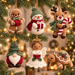 May include: A set of six crocheted Christmas ornaments hanging on a tree, including a gingerbread person, a snowman, a reindeer with a candy cane, a gnome in a tree hat, an angel, and a turtle with a decorated shell.