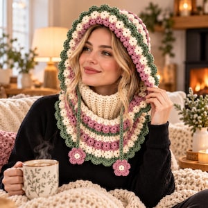 Pode incluir: Um conjunto de capuz e gola em crochê com padrão floral em creme, malva e verde sálvia. O capuz tem uma borda festonada e dois laços longos que terminam em pequenos motivos de flores. A gola possui uma seção canelada em creme no pescoço.