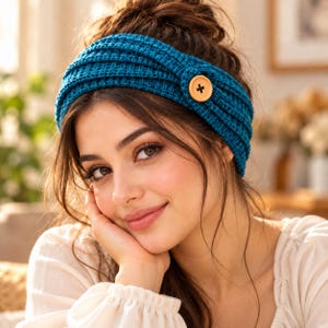 May include: A teal blue knitted headband featuring a ribbed texture and a single light brown circular button attached to the side. The accessory is crafted with a thick, warm knit pattern that wraps around the head, providing a secure fit.