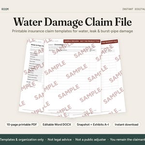 Puede incluir: Un conjunto de plantillas de reclamación de seguros imprimibles para daños por agua, fugas y roturas de tuberías titulado Water Damage Claim File. Los documentos incluyen un registro cronológico y páginas de pruebas con marca de agua.