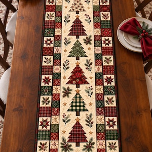 May include: A rectangular quilted table runner featuring a central cream panel with a vertical row of alternating green and red Christmas tree appliques, surrounded by a border of patchwork squares in red, green, and cream plaid and floral patterns.