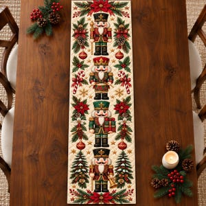 Christmas Nutcracker Quilted Table Runner, Vintage Nutcracker Soldier Table Decor, Poinsettia Christmas Dining Runner, Holiday Table Decor