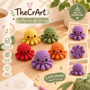 Peut inclure: Un modèle de crochet PDF à télécharger intitulé TheCrArt Tiny Crochet Octopus. L'image présente cinq petites pieuvres crochetées colorées en jaune, vert, rouge, orange et violet, chacune avec des yeux noirs et un sourire.