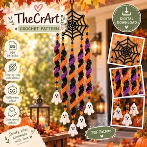Peut inclure: Un modèle de crochet pour une décoration suspendue avec une toile d'araignée noire en haut, quatre brins torsadés en laine orange, violette et noire, et des petits fantômes blancs en bas, ornés de perles orange et noires.