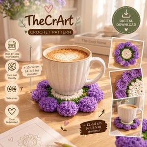 3D Crochet Flower Coaster Pattern PDF – Purple Mug Mat