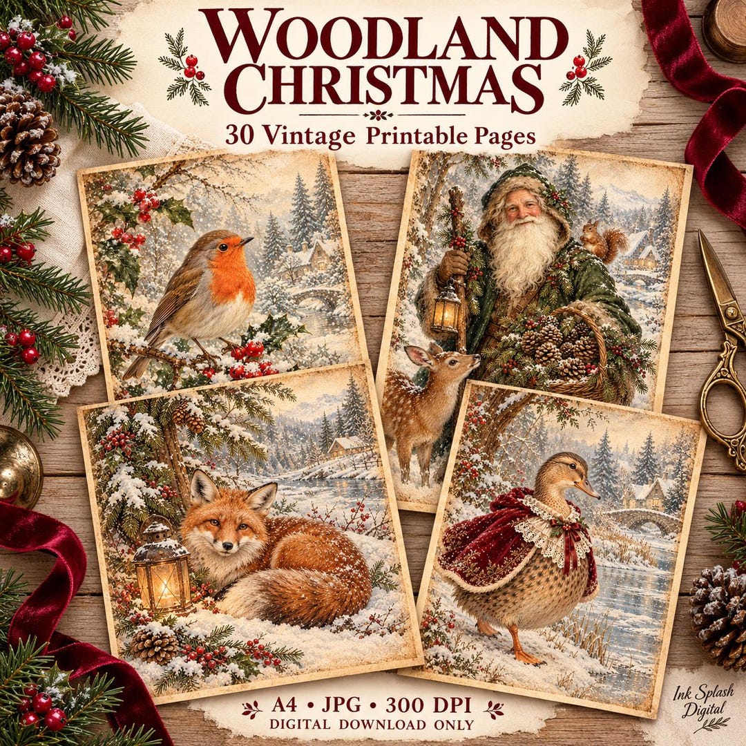 Woodland Christmas Printable Pages, 30 Vintage Style A4 Designs, Birds ...
