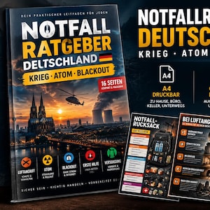 Może przedstawiać: 16-stronicowy cyfrowy poradnik ratunkowy zatytułowany Notfallratgeber Deutschland, zawierający sekcje dotyczące wojny, zagrożeń nuklearnych i przerw w dostawie prądu. Okładka przedstawia panoramę miasta o zachodzie słońca z helikopterem i plecakiem.