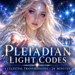 May include: A digital illustration featuring a fair-haired figure with blue eyes, surrounded by glowing stars and crystalline structures. The text reads PLEIADIAN LIGHT CODES, 4 CELESTIAL TRANSMISSIONS, 28 MINUTES in gold and white lettering.