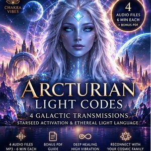 Könnte beinhalten: Eine digitale Grafik mit einer zentralen Figur mit langem hellem Haar und einem leuchtenden Stirnstein, umgeben von kosmischer Kulisse. Der Text lautet: ARCTURIAN LIGHT CODES, 4 GALACTIC TRANSMISSIONS, STARSEED ACTIVATION & ETHEREAL LIGHT LANGUAGE, 4 AUDIO FILES 6 MIN EACH + BONUS PDF.