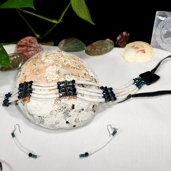 Smooth White Dentalium Choker with Matching Earrings in Deep Greens and Dark Gray's with Black Leather!!