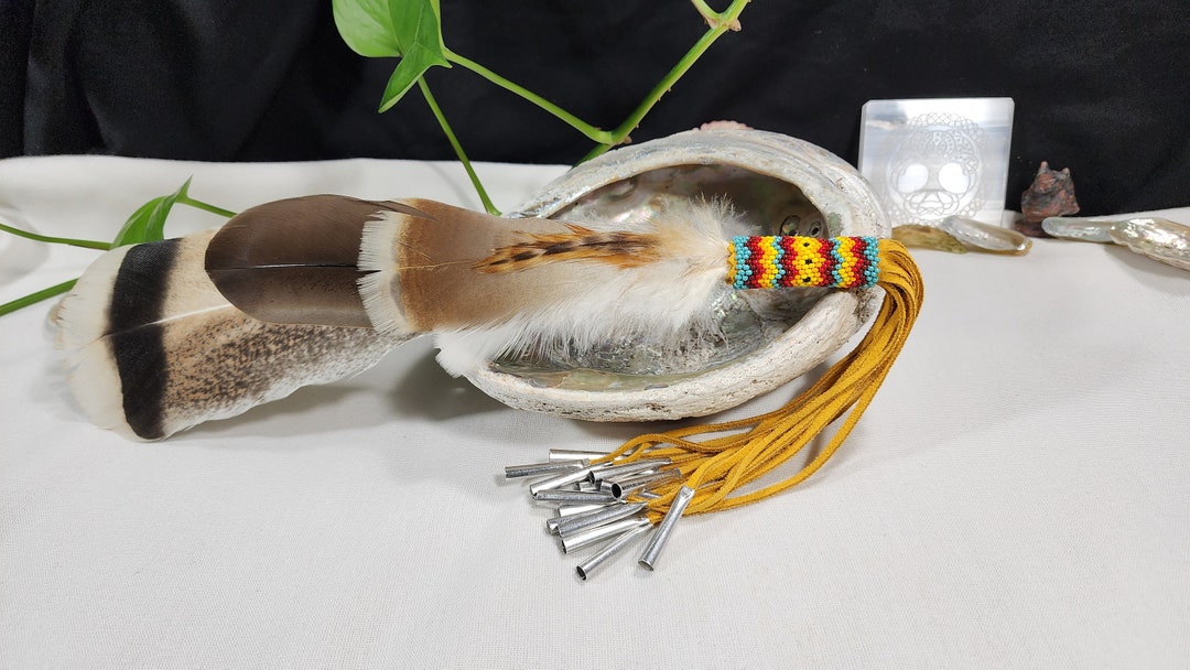 Handbeaded Turkey Feather Smudge Fan, Peyote Stitched in Fantastic
