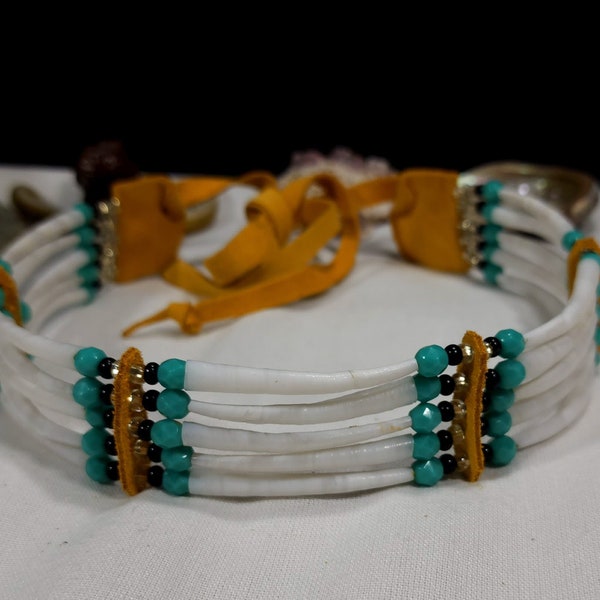 Smooth White Dentalium Choker Accented with Turquoise, Black, and Silver Glass Beads. 15" of Stunning Elegance!