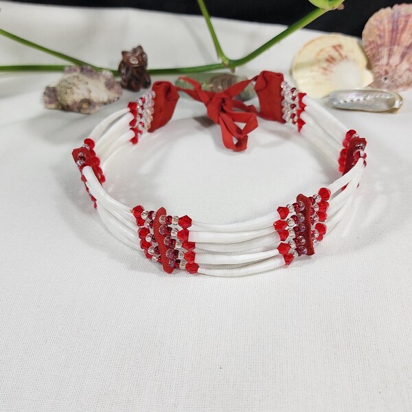 5 Stunning Strands of Smooth White Dentalium, Red Bicone Crystal, and Red Leather making this Fantastic Choker!