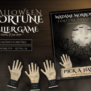 May include: A Halloween fortune teller game featuring a black and white poster with a full moon, bare trees, and bats. The set includes three illustrated hands with black fingernails and striped cuffs, each displaying text, plus 28 haunted fortunes.