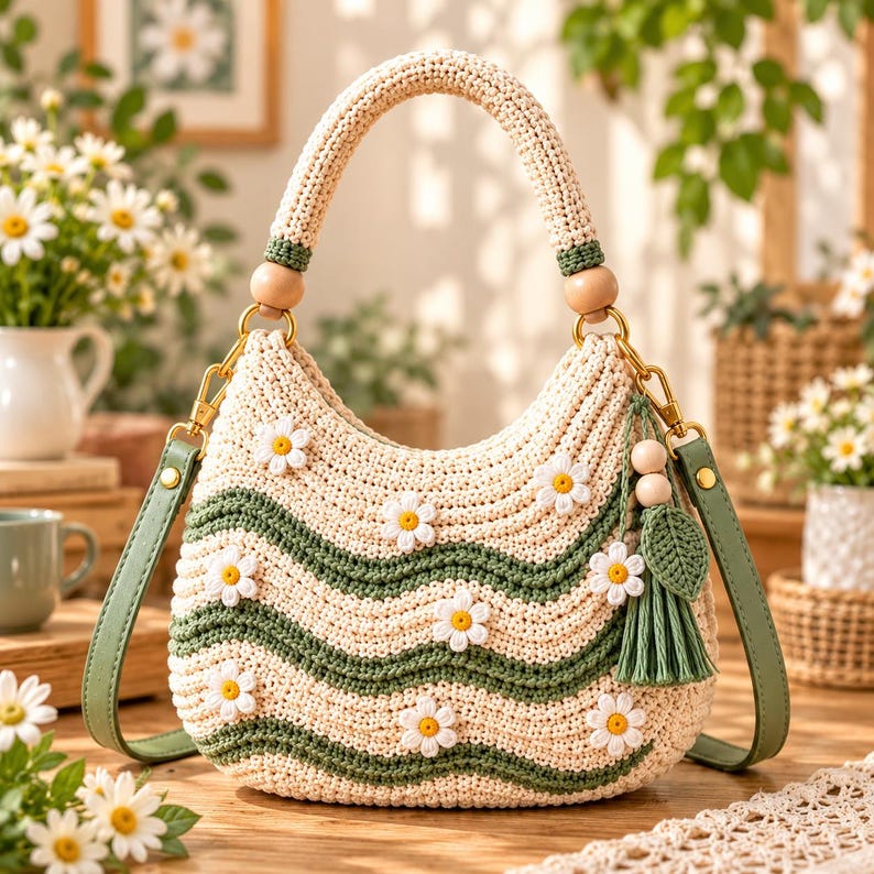 Daisy Crochet Bag Pattern PDF, Wavy Stripe Hobo Bag, Crochet Purse ...