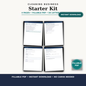 May include: A Cleaning Business Starter Kit featuring four pages of fillable PDF forms in US Letter size. The documents include a client prep checklist, staff quality checklist, walkthrough sign-off, and feedback form. Instant download available.
