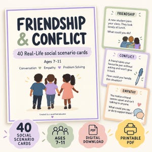 May include: A set of 40 Friendship & Conflict social scenario cards for ages 7-11. The main card features three children and text about conversation, empathy, and problem solving. Three smaller cards show examples of friendship, conflict, and empathy.