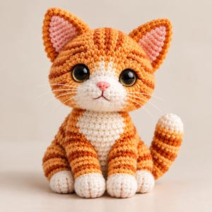 Op de afbeelding: Een gehaakt oranje cyperse katfiguur met donkeroranje strepen, een witte borst, witte pootjes en grote zwarte ogen. De kat heeft roze binnenoren, een kleine roze neus en witte snorharen die uitsteken vanaf de snuit van het figuurtje.