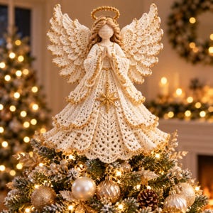 May include: A crocheted angel tree topper featuring cream-colored yarn with gold metallic trim. The angel has large, detailed wings, a halo, and hands clasped in prayer. A gold star ornament hangs from the waist over the layered, flared skirt.