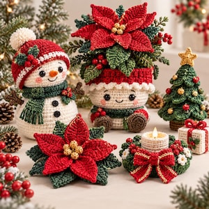 May include: A collection of crocheted Christmas decorations including a snowman, a potted poinsettia, a small Christmas tree, a single poinsettia flower, a candle wreath with a red bow, and a small gift box, all featuring red, green, and white yarn.