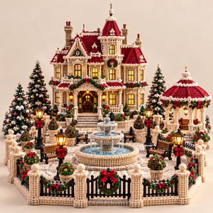 Viktoriansk julby virkmönster PDF | Herrgård, innergård och fontän | Miniatyr juldekorationer