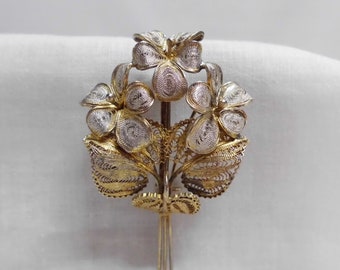 Gold Plated 800 Silver Filigree Violet Bouquet Brooch Vintage Flower Pin