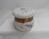 WaveCrest Dresser Box Antique Swirl Glass Powder Jar Jewelry Casket Vintage Vanity Hand Painted Blue Flowers Wave Crest