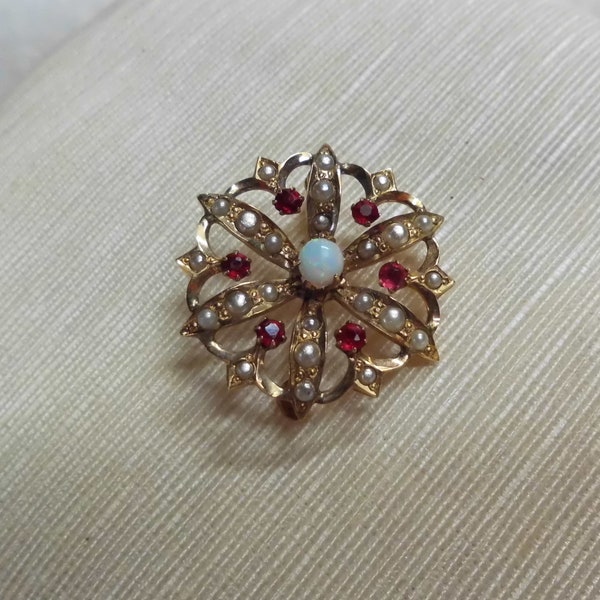 RESERVED!  Antique 10k Gold Opal Garnet Seed Pearl Brooch Etate Jewelry