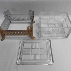 Vintage Gold Filigree Dresser Set Handled Tray Covered Box Square Dish Glass Inserts image 6