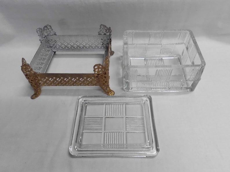 Vintage Gold Filigree Dresser Set Handled Tray Covered Box Square Dish Glass Inserts image 6