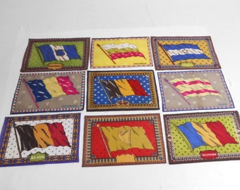 9 Antique Tobacco Felts Assorted Colorful Flags Cigarette Premiums 8.5" x 5.5" Spain Ireland Guatemala Honduras Romania Belgium