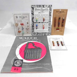 May include: A collection of vintage craft supplies from Walco Bead Co. includes bead cards, a booklet titled "Walco Beaded Bags," and various bead samples. The booklet features a black and gray beaded bag design with a pink circle background.