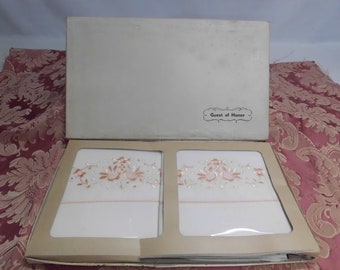 One Pair Embroidered Pillowcases Peach Flowers Vintage Orange Bedding 20" x 33" Country Cottage Queen Size