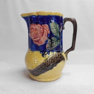 English Majolica Pitcher with Red Rose on Cobalt Background Vintage Farmhouse Decor