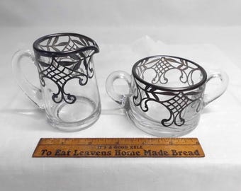 Heisey Glass Creamer & Sugar Bowl with Silver Overlay Vintage Glassware Country Farmhouse
