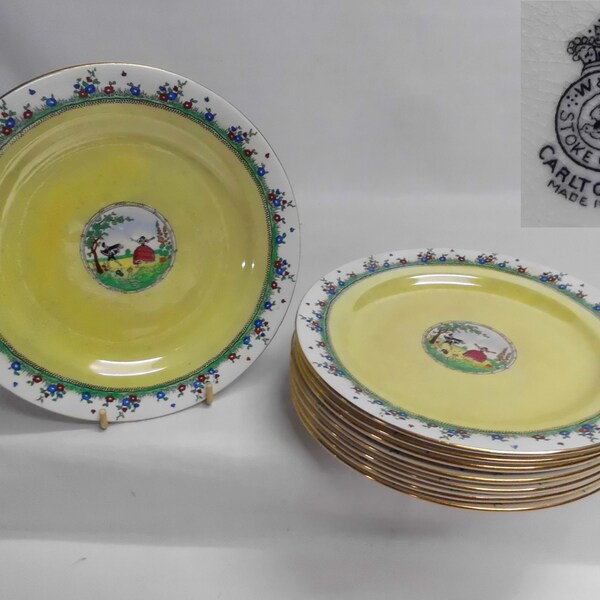 8 Carlton Ware Salad Luncheon Plates 7.5" Yellow Lustreware with Dancing Man and Woman Flower Rim