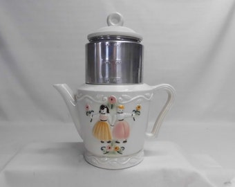 Porcelier Drip Coffee Pot Complete 6 Cup Dutch Boy & Girl with Flowers USA Made Vintage Country Farmhouse