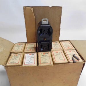 May include: A cardboard box containing multiple individual boxes of Twist-Lock duplex flush outlets, model 7540. One black electrical outlet is positioned upright on top of the boxes. Two small metal screws are resting on the right side of the box.
