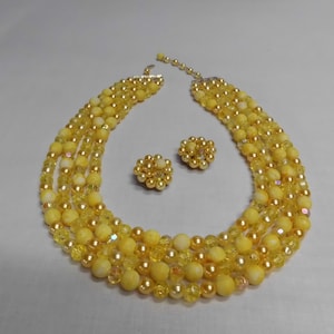 Lemon Yellow Multi Strand Necklace & Earrings Vintage Hong Kong Plastics Summer Color!