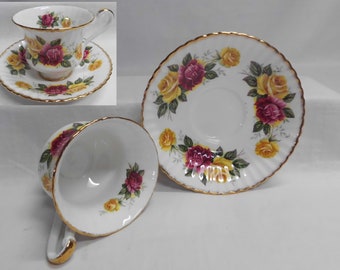 Paragon Footed Tea Cup & Saucer Big Red and Yellow Cabbage Roses with Gold Trim Vintage English Bone China