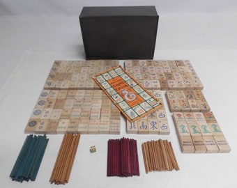 1920's MahJong Set Wood Tiles & Sticks Complete with Instructions in Metal Box Antique Table Game