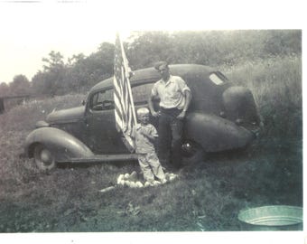 Patriotic Photograph Vintage 1930's Father Son Car and USA Flag Americana Real Photo 8 x 10 Black & White Picture Man Cave Wall Art