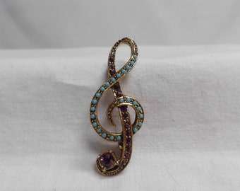 Treble Clef Pin Brooch Turquoise & Amethyst Rhinestones Gift for Music Teacher or Musician