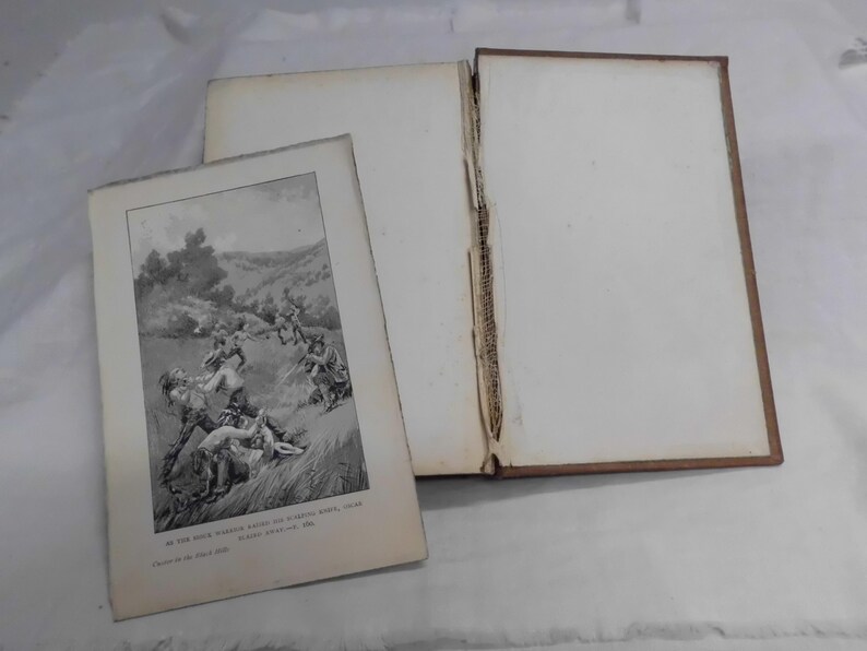 May include: An open antique book with a sepia-toned illustration of a battle scene. The book's pages are off-white, and the cover is a dark brown. The illustration depicts figures in a grassy field, engaged in combat. The text at the bottom of the illustration is partially visible.